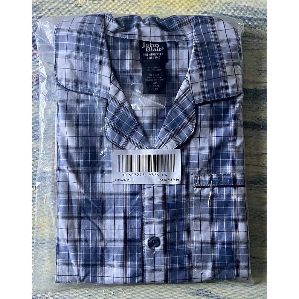 John Blair Mens Pajama Set Large Blue Gray Plaid 60% Cotton NEW Sealed